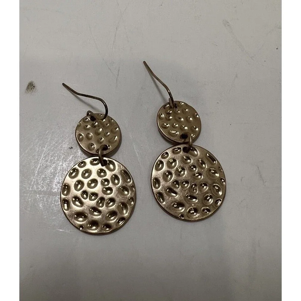 Goldtone Hammered Double Disk Dangle Drop Earrings Pierced Ears Women's Jewelry